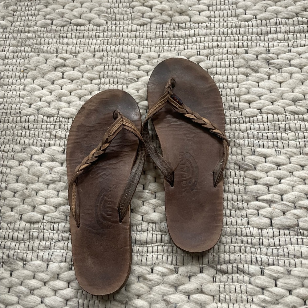 Rainbow braided tan and light brown braided flip flops leather